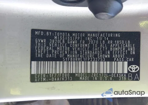 2015 Toyota Corolla S Plus z USA, uszkodzony, nr VIN 5YFBURHE1FP232753